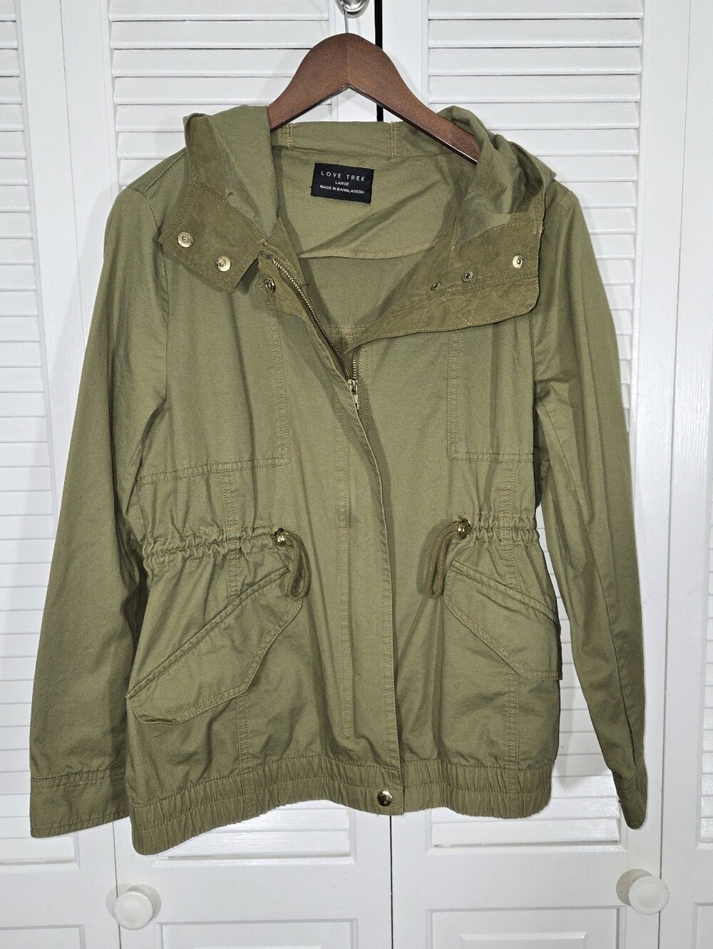Love Tree Olive Green Hooded Utility Anorak Lightweight Full Zip Jacket Sz L
